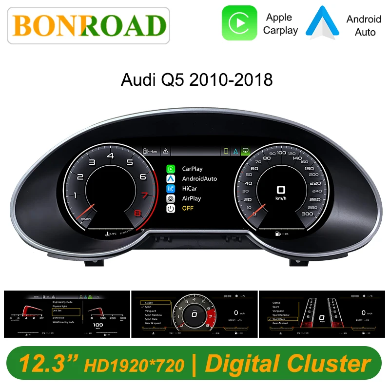 Bonroad 12,3-Zoll-Digital-LCD-Armaturenbrett-Cockpit für Audi Q5 2010-2018 Carplay Instrumentenanzeige Digitaler Virtueller Tachometer