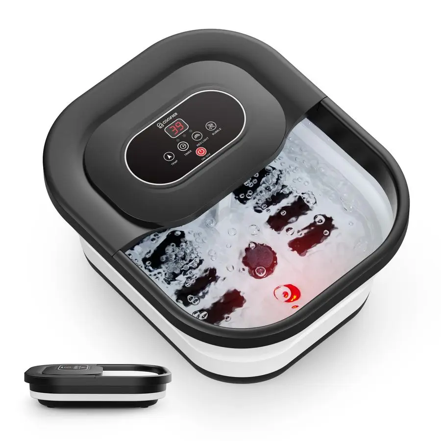 

Collapsible Foot Spa Bath Massager with Heat, Pedicure Foot Spa with Bubbles, Red Light, Pumice Stone and Shiatsu Massage Rolle