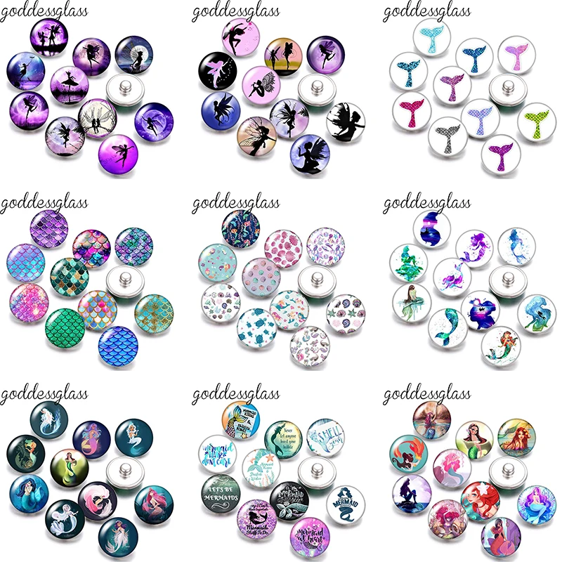Alas de hadas para niñas, patrones de escamas de sirena, foto de cola de pez, 10 Uds., botones a presión de 12mm/18mm para pulseras a presión de 12mm/18mm, joyería DIY