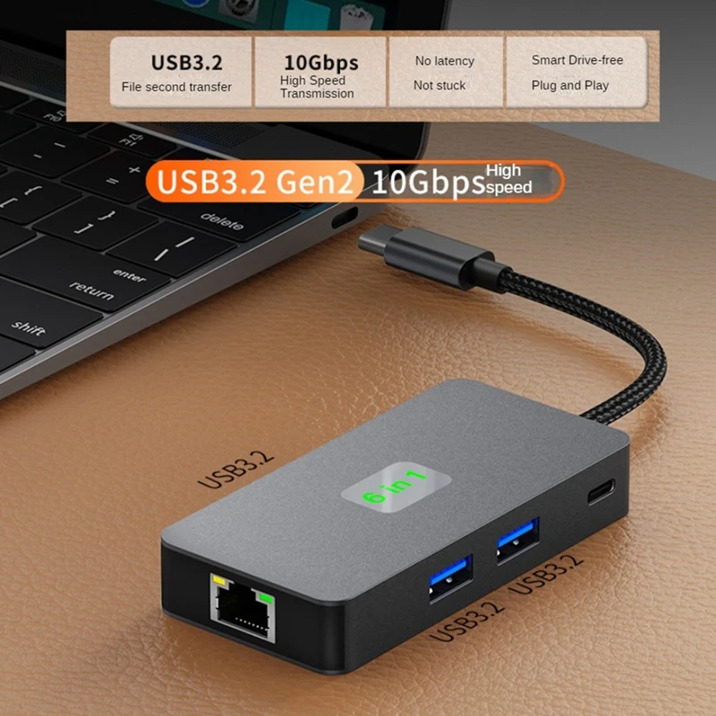 6-In-1 USB C Hub Laptop Docking Station Gigabit+USB3.2(10Gbps)+4K/60Hz HD+PD100W Fast Charge