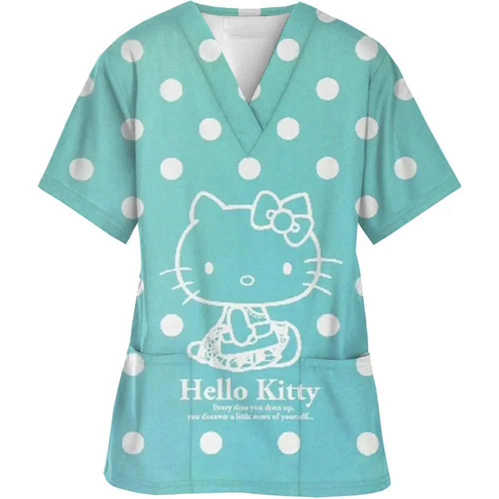 Kawaii Scollo A V Infermiera Uniforme Scrub Top Delle Donne Del Fumetto di Hello Kitty Carino Stampa Manica Corta Tasca Uniformi Infermieristiche Mediche