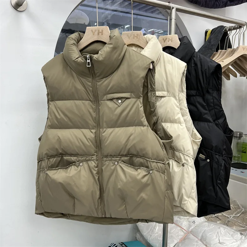 

Autumn Winter New Rivet Down Vest for Women Short Light Warm Clip Casual White Duck Down Female Stand Collar Vest Coat