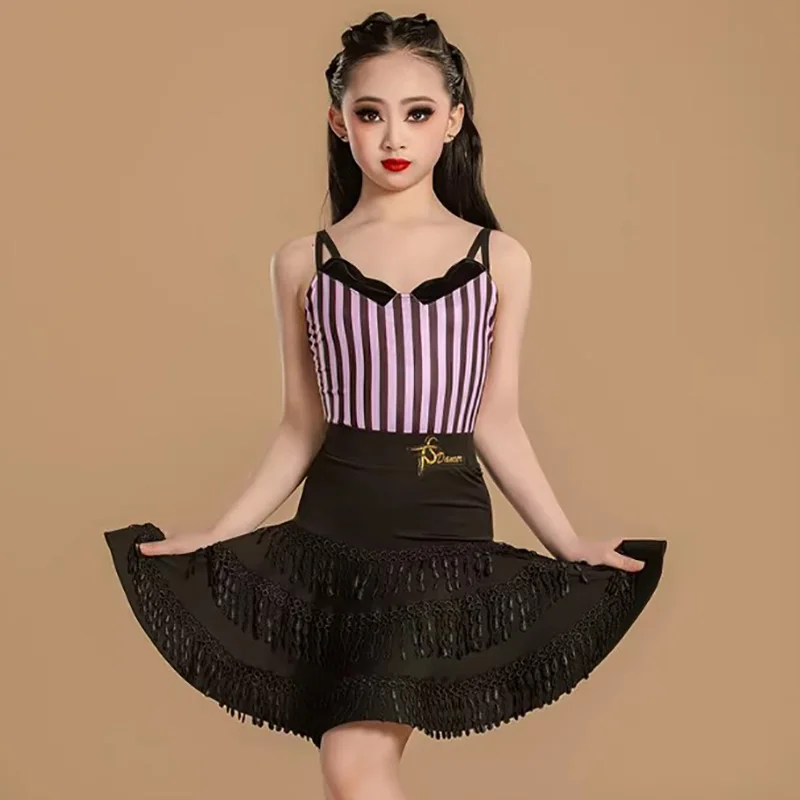

Kids Girls Latin Dance Costume Stripe Sleeveless Backless Jumpsuit and Big Swing Skirt Ballroom Dancing Performance Dancewear