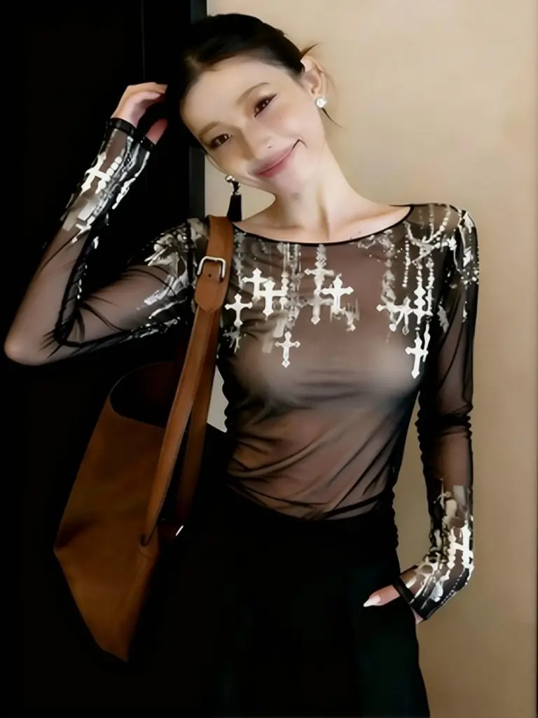 Vintage See Though Mesh Top Women Gothic Long Sleeve Crop Top Sheer Lightweight Cross Print Cuteore Dark Fashion T-shirt