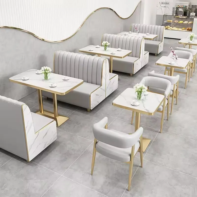 

Customized Restaurant Booth Seating Set Marble Top Golden Dining Table And Chair Sofa For Cafe Coffee Shop