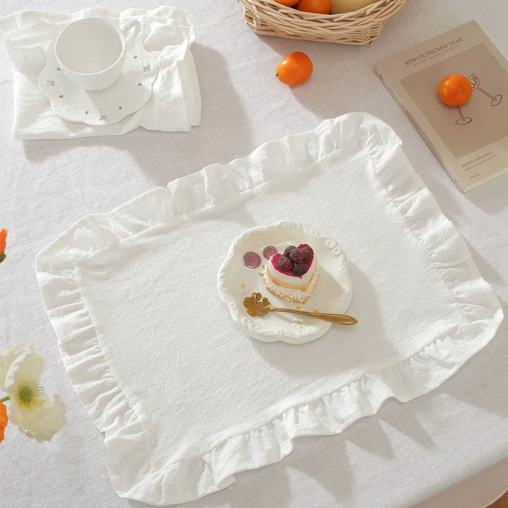 

Ruffled Cotton Placemats Decorative Mats with Ruffles Retangle Table Mats for Kitchen Dining Room Wedding Party 12x18 Inch