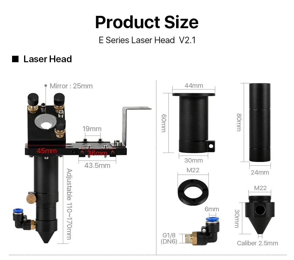 E Series: CO2 Laser Head Set + 1 Pcs Focusing Lens + 3 Pcs Si / Mo Mirrors for Engraver Cutting Machine Parts