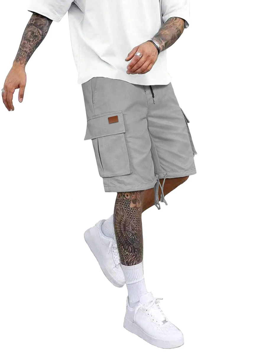 Men Loose Joggers Shorts Casual Solid Color Elastic Drawstring Cargo Shorts with Pockets for Summer Streetwear
