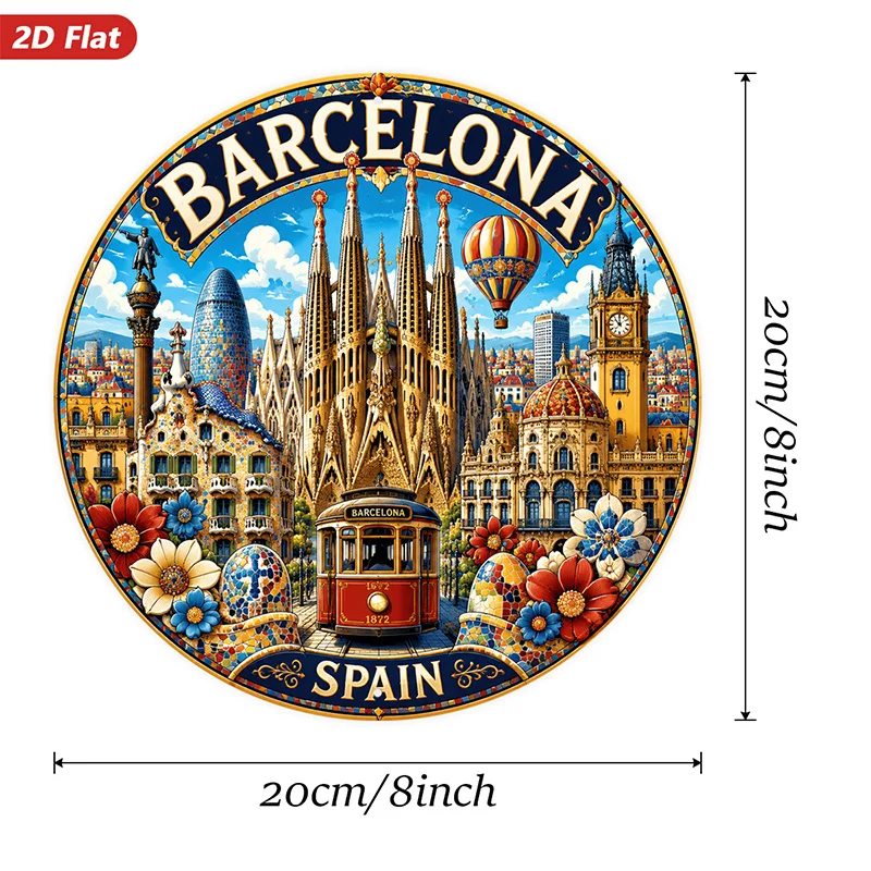 2D Flat, 1pc Round Metal Sign Wall Art, Barcelona Themed Home Decor, Iconic Architecture Art, Cityscape Design, Floral Elements,