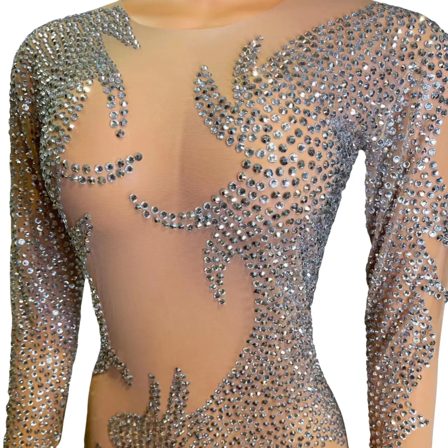 Huasheng Women Round Neck Long Sleeve Floral Rhinestone Sheer Mesh Bodycon Maxi Dress See Through Cocktail Birthday Gowns - view 5