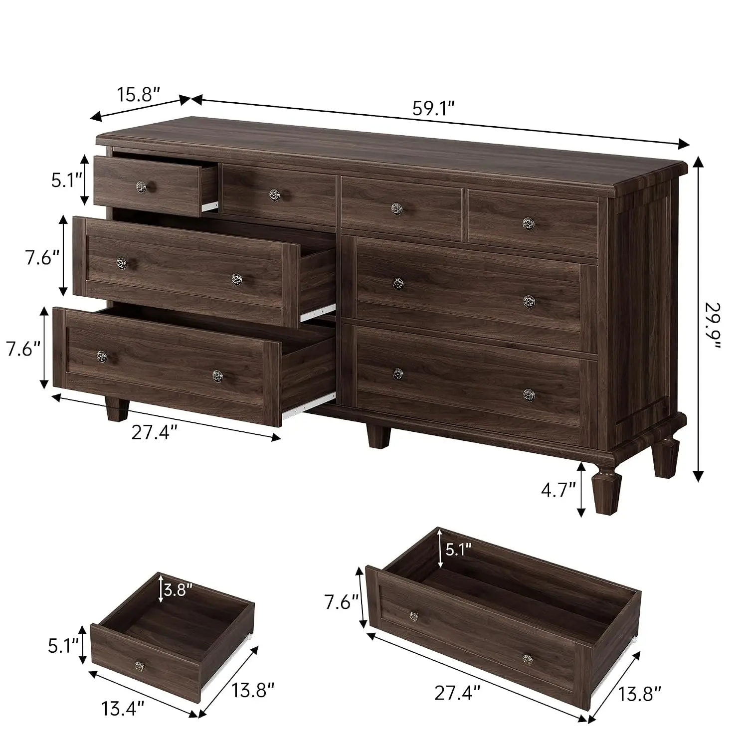 8-Drawer Dresser for Bedroom, Vintage 59