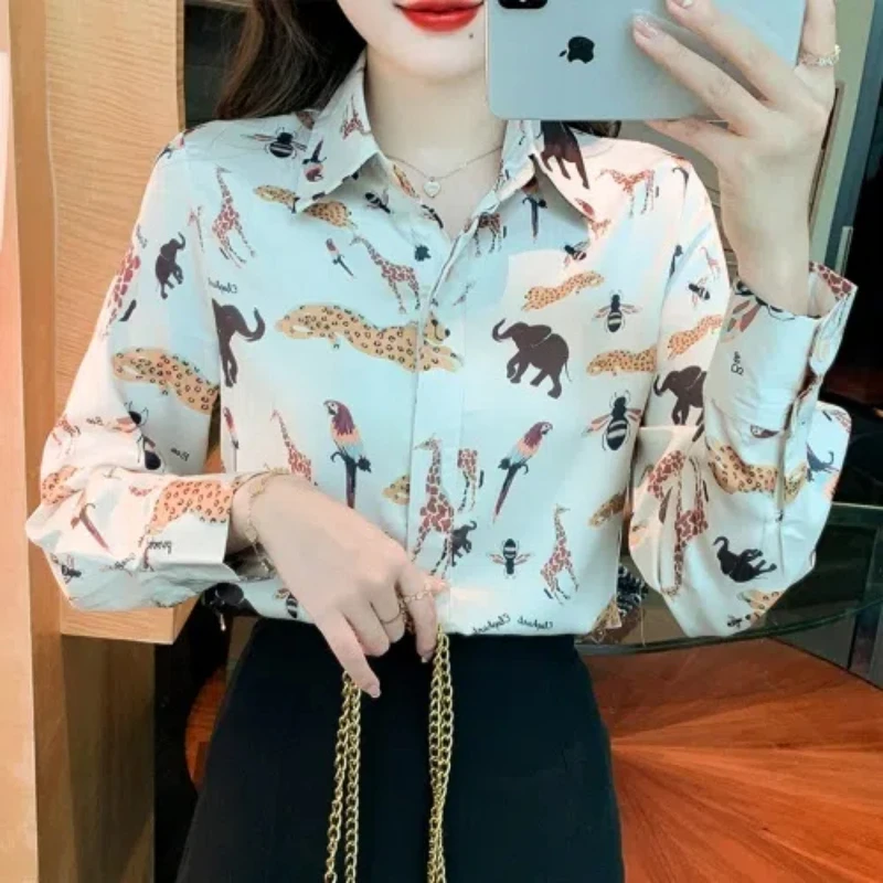 Women\'s Clothing Spring Autumn Turn-down Collar Cartoon Long Sleeve Printing Button Up Cardigan Shirt Office Lady Elegant Tops