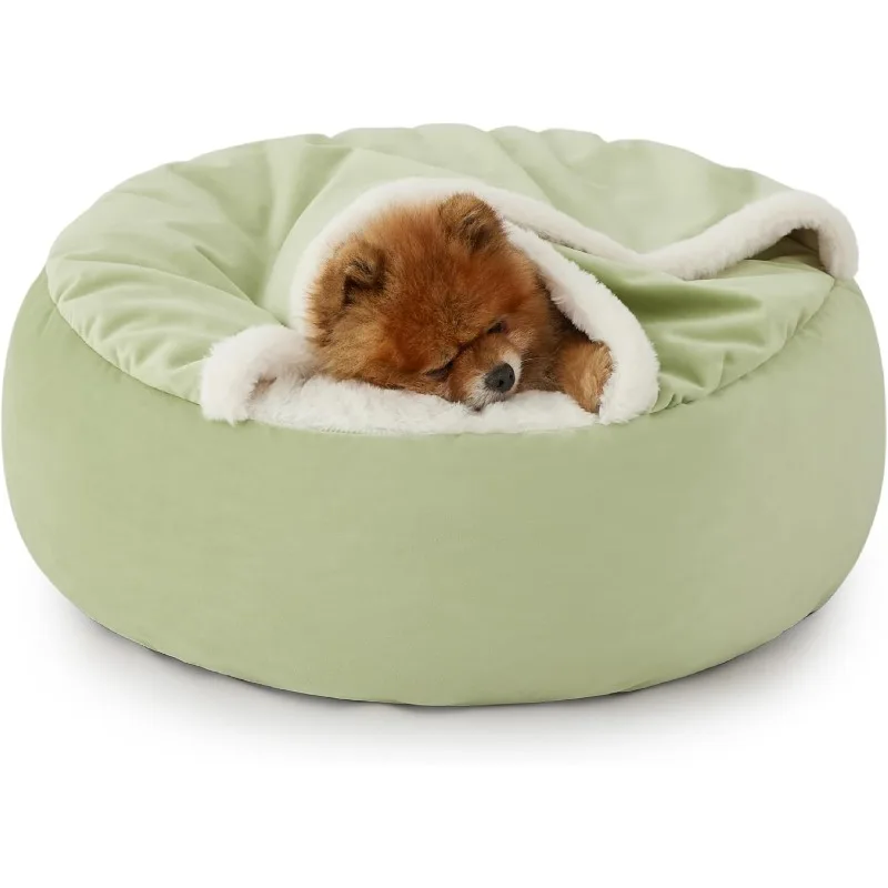 Lesure Small Dog Bed with Cover Cave - Covered Round Puppy Bed with Hooded Blanket, Machine Washable Burrow