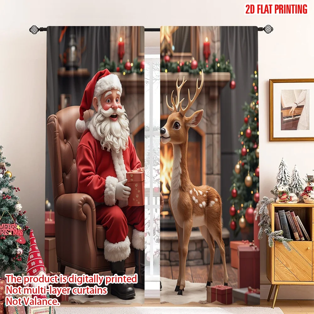 

2pcs 2D flat printing Merry Christmas Popular Party Window Curtains Santa Claus Deer Christmas Fireplace 100% Polyester Without
