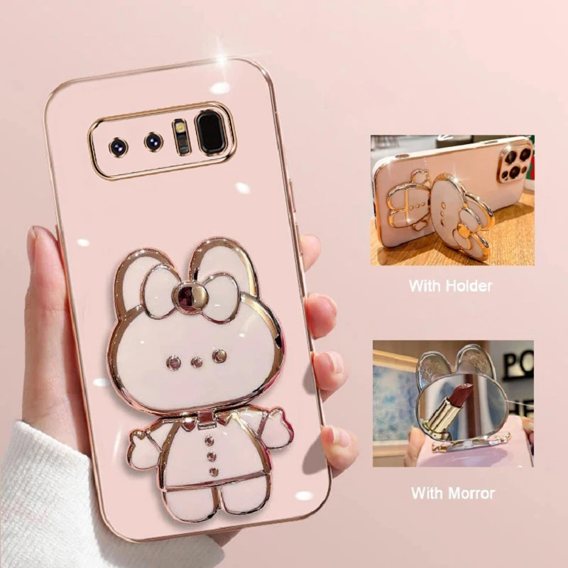 Luxury Plating Square TPU Glossy Phone Case On For Samsung Galaxy Note 8 Note8 Cute Stand Mirror Rabbit Soft Silicone Back Cover