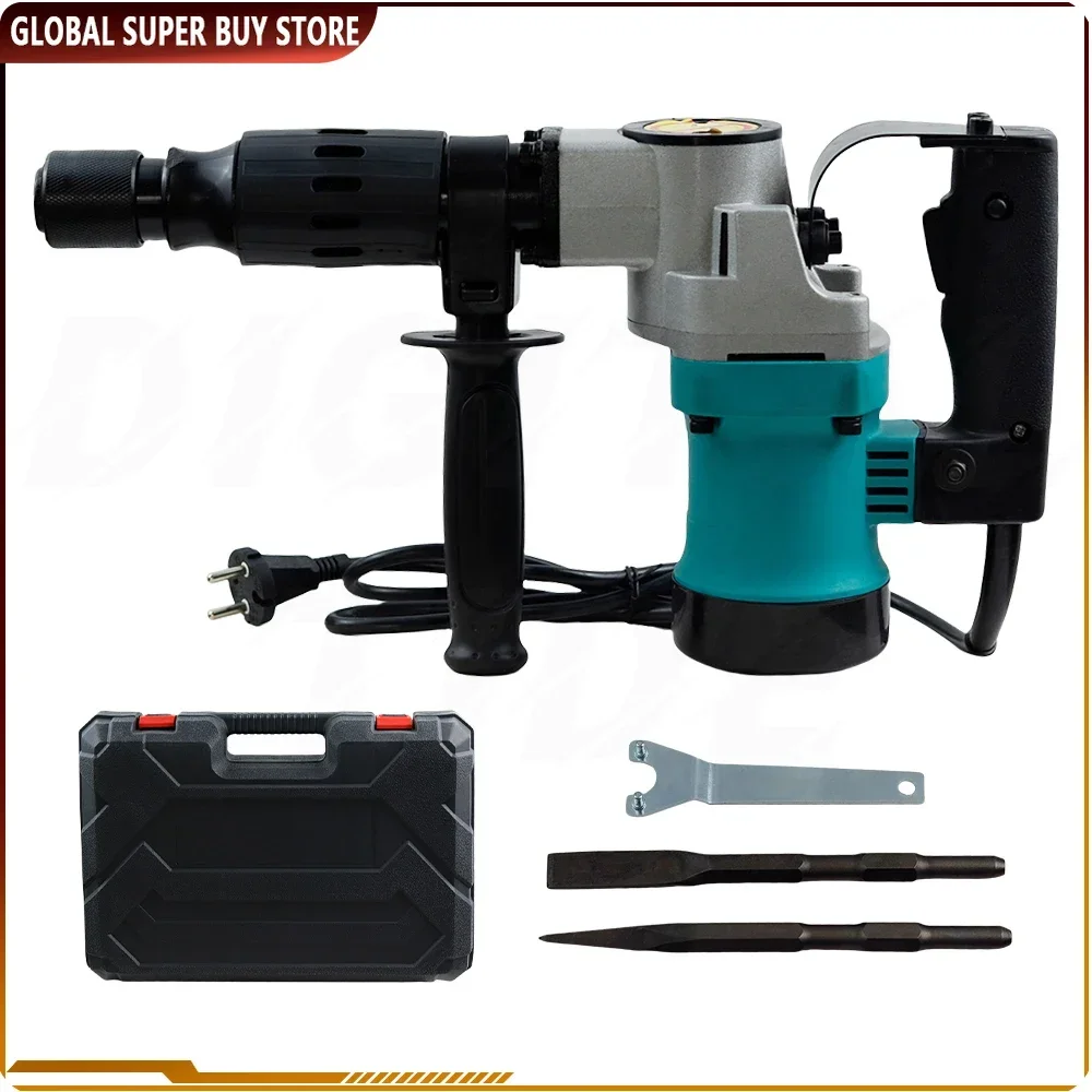 1200W Electric Rotary Hammer 220V Drill Swivel Adjustable Speed Drilling With Chisel Flat Bit Set for Wall Demolition