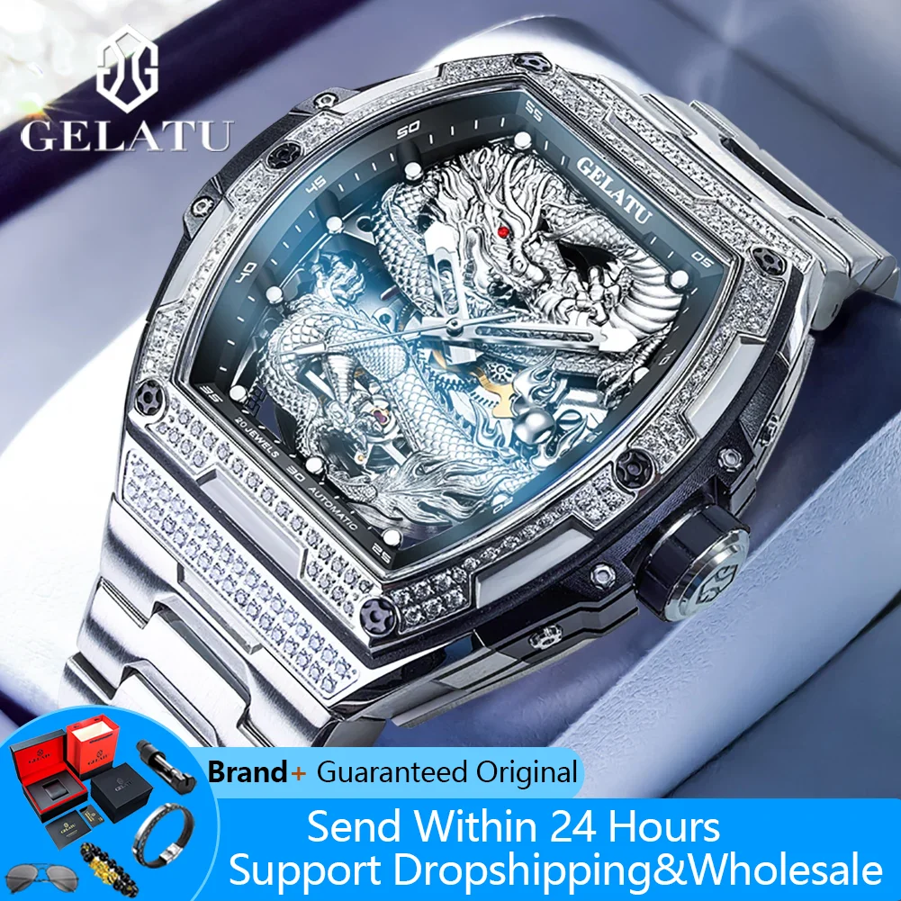 

GELATU 6021 Men's Watch Fashion Automatic Mechanical Watch For Men Hollow Waterproof Luminous Dragon Dial Luxury Man Wristwatch