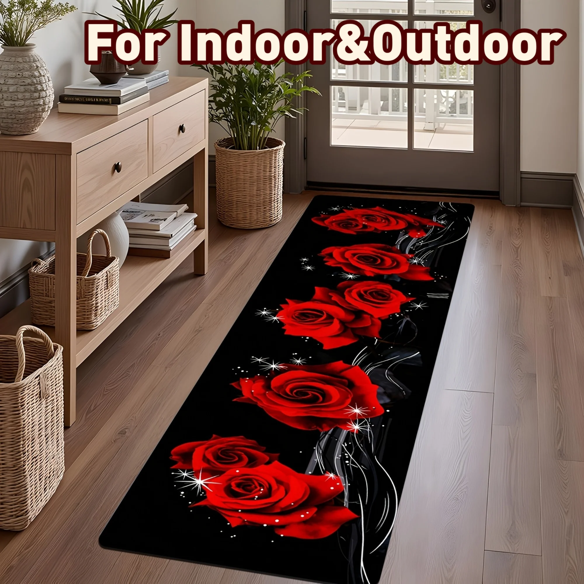 Luxury Red Rose Print Long Runner Rug, Non-Slip Indoor Outdoor Floor Mat for Entryway Kitchen, Washable Decorative Carpet
