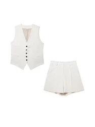 Women's Front Button Linen Waistcoat and High Waist Bermuda Shorts, Female Two Piece Sets, Fashion