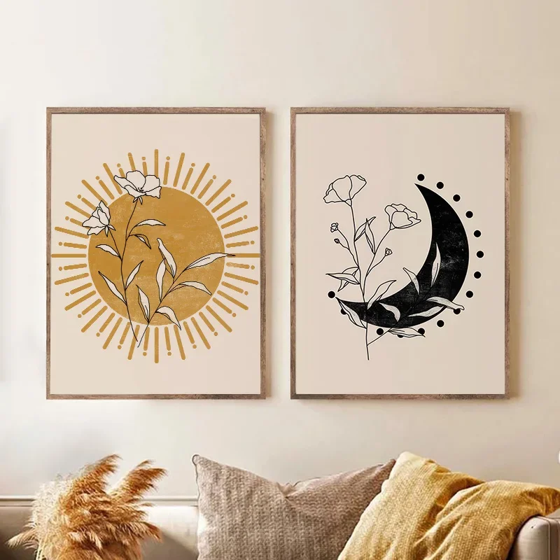 

2pcs Sun and Moon Medieval Bohemian Set Poster Mustard Yellow Flower Sun Black Moon Art Canvas Painting Nursery Bedroom Wall Art