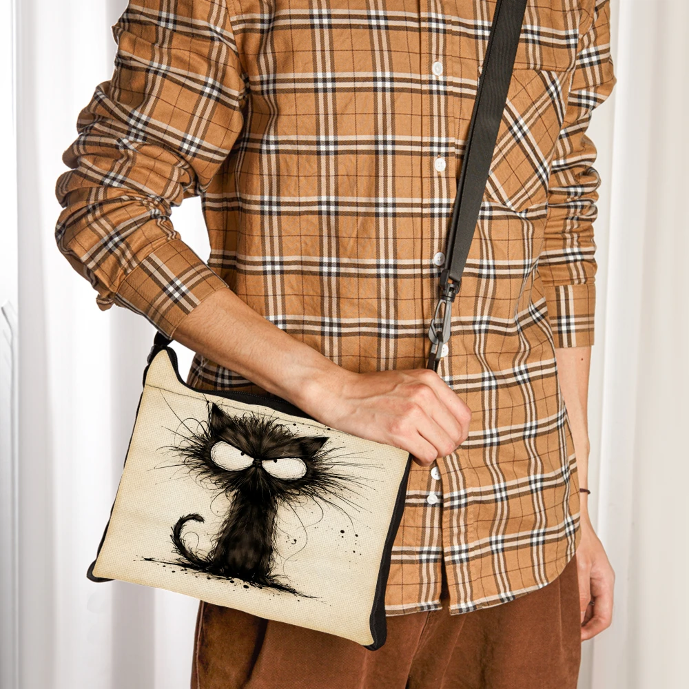 1pc Crossbody Bag Black Cat With Angry Eyes And Spiky Fur Shoulder Bag Polyester Multifunctional Underarm bag Pouch Gift Travel