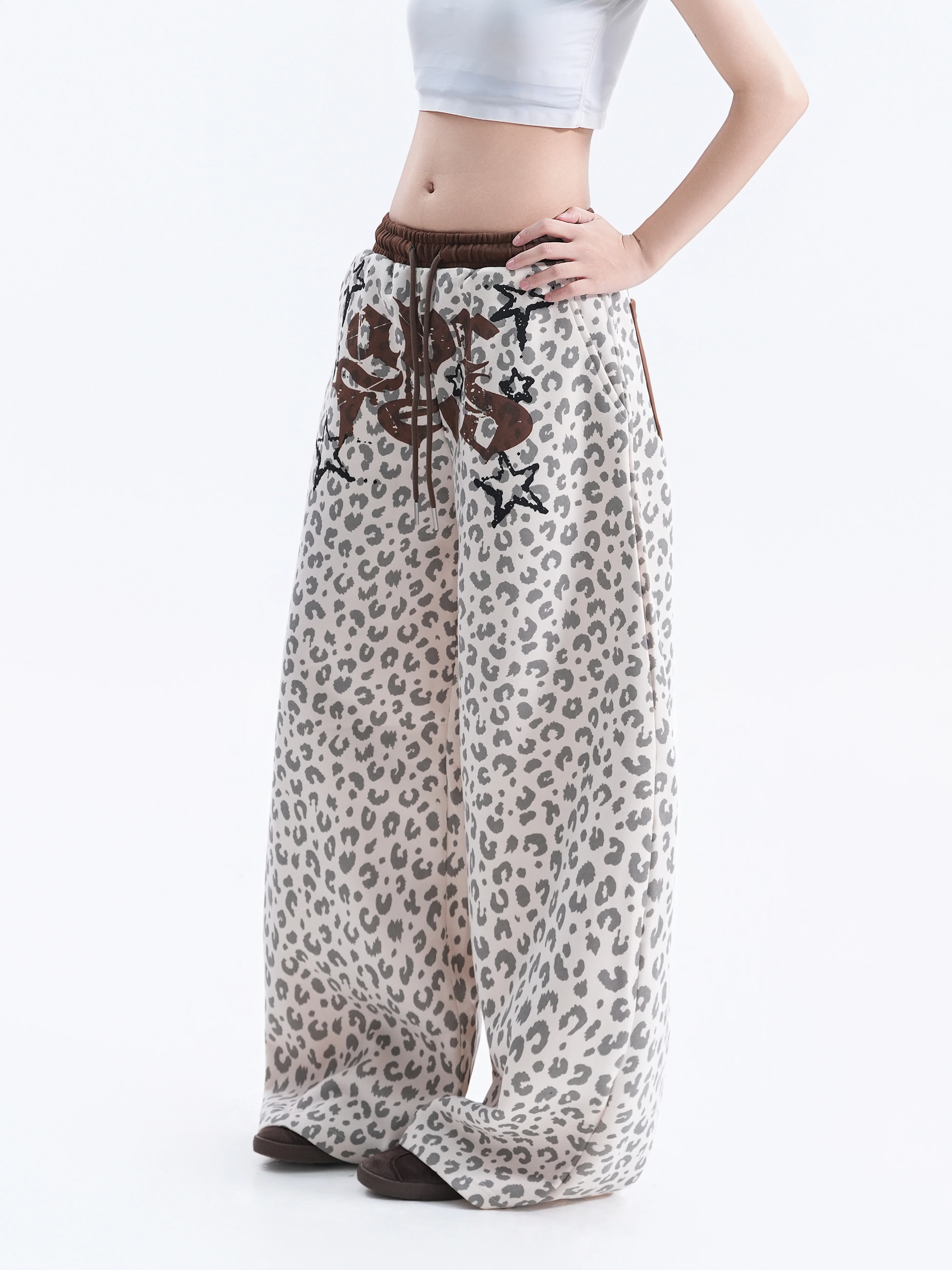 Vintage Leopard Print Wide Leg Casual Pants Women's Drawstring American Style Drapey Couples Match Floor-Length Trousers