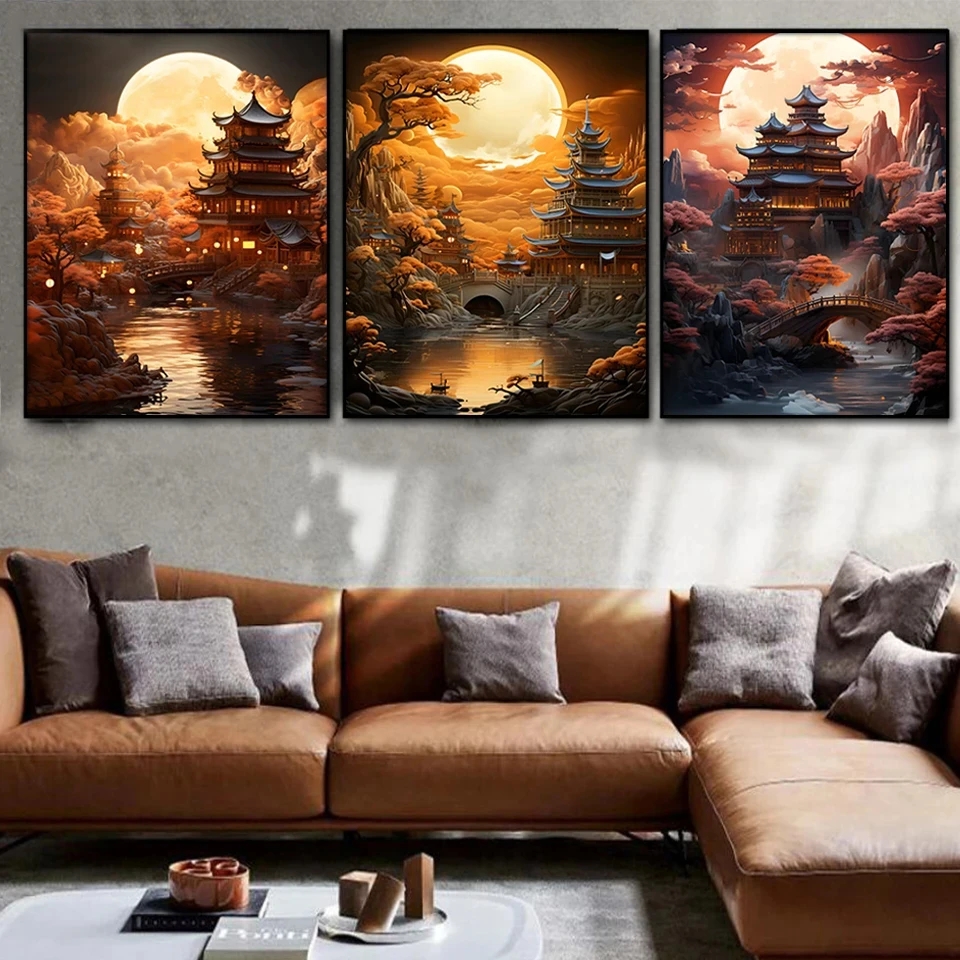 Triptych Crystal Diamond art Japanese Waterfall Temple Landscape full Square Diamond Painting 3 Pcs Diy Hoppy Home Decor WE1860