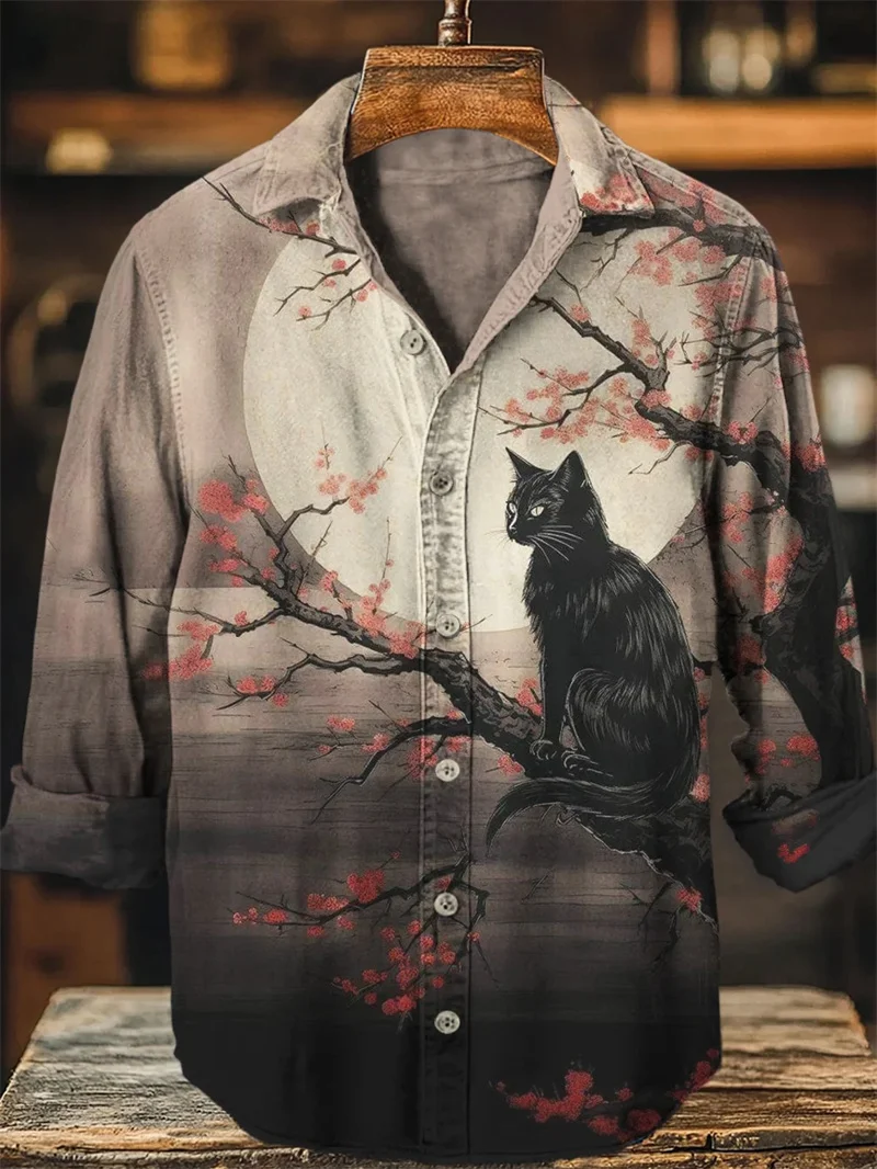 New Men's Linen Long Sleeve Shirt Button Casual Shirt 3D Octopus Flower Print Long Sleeve Fashion Comfort Top