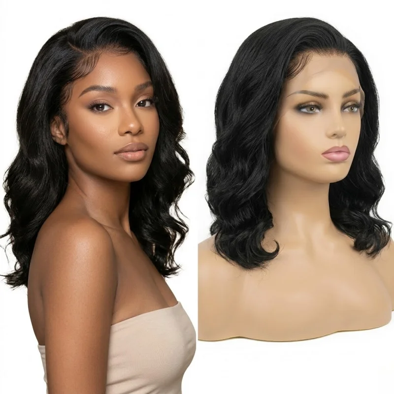 

Side Part Short Body Wave Synthetic Bob Wig Lace Front Glueless Pre Plucked Daily Party Wear And Go Wig