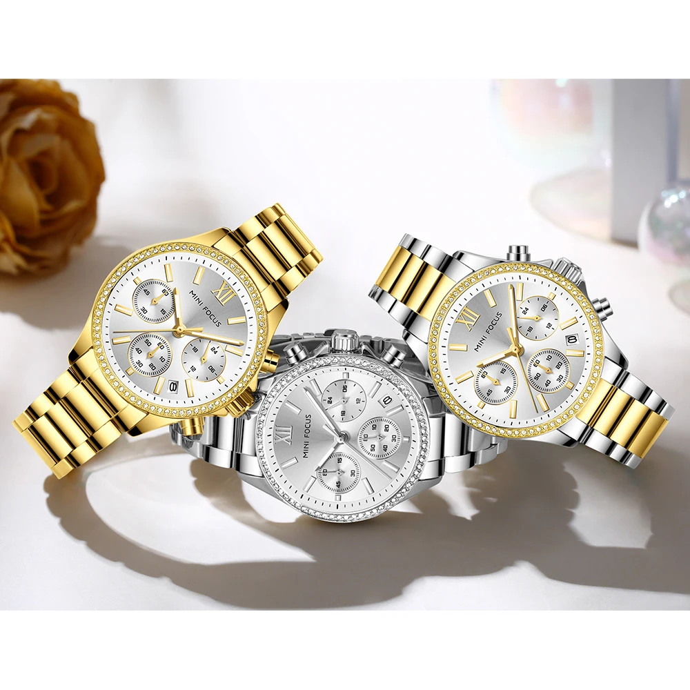 미니 포커스 0617 패션 쿼츠 여성용 시계 고급 야광 방수 크로노그래프 캘린더 캐주얼 비즈니스 여성 시계