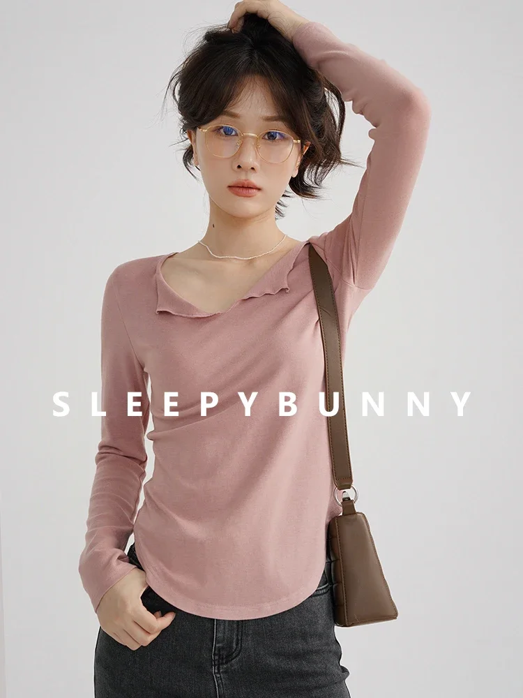 

2025 Spring Autumn Women Slim Fit Long Sleeve T-Shir Half Open Neck Design Inner Elegant Minimalist Casual Top for Petite Frames