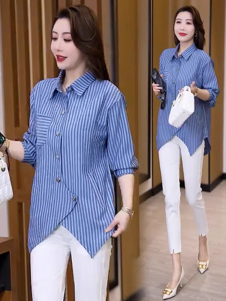 

Женская полосатая рубашка больших размеров с длинным рукавом, весна-осень, новая модная повседневная свободная асимметричная блузка с эффектом стройности, трендовый воротник