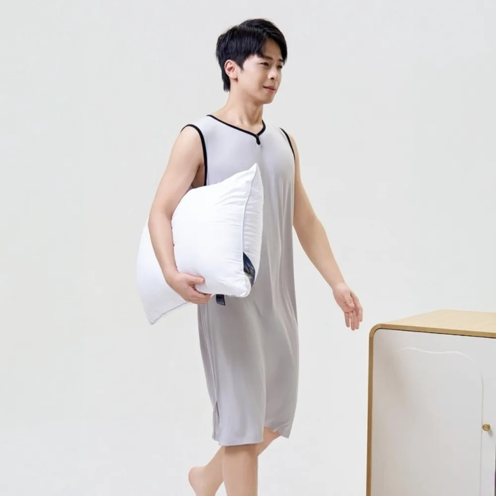 Homewear Knee-Length Men's Sleeping Dress Elastic Soft Modal Pajamas Sleeveless Plus Size Night-robe Sleepwear
