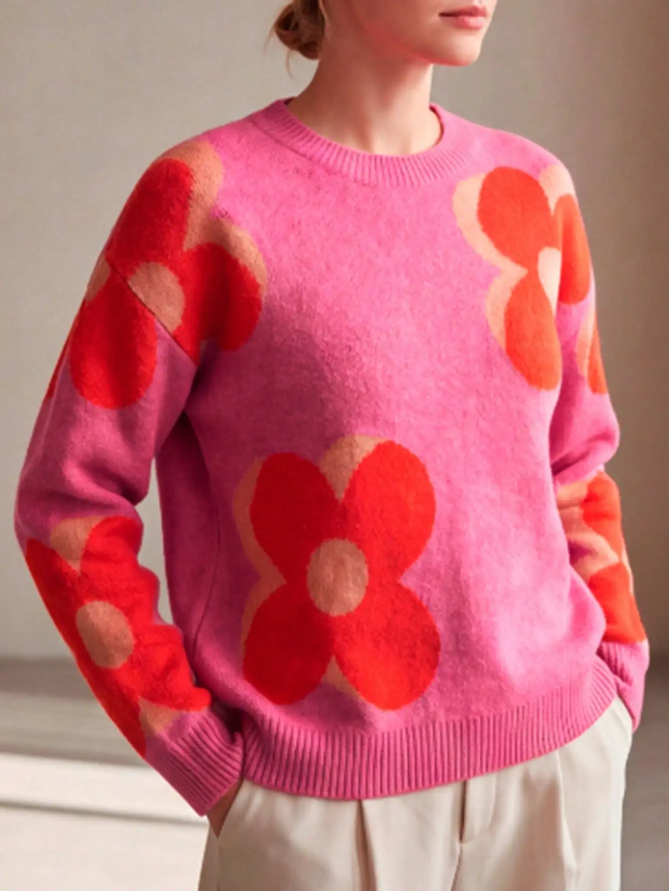 Women Plus Size Floral Jacquard Sweater Oversized Pink Knit Pullover Long Sleeve Crew Neck Dopamine Cute Top Autumn Winter