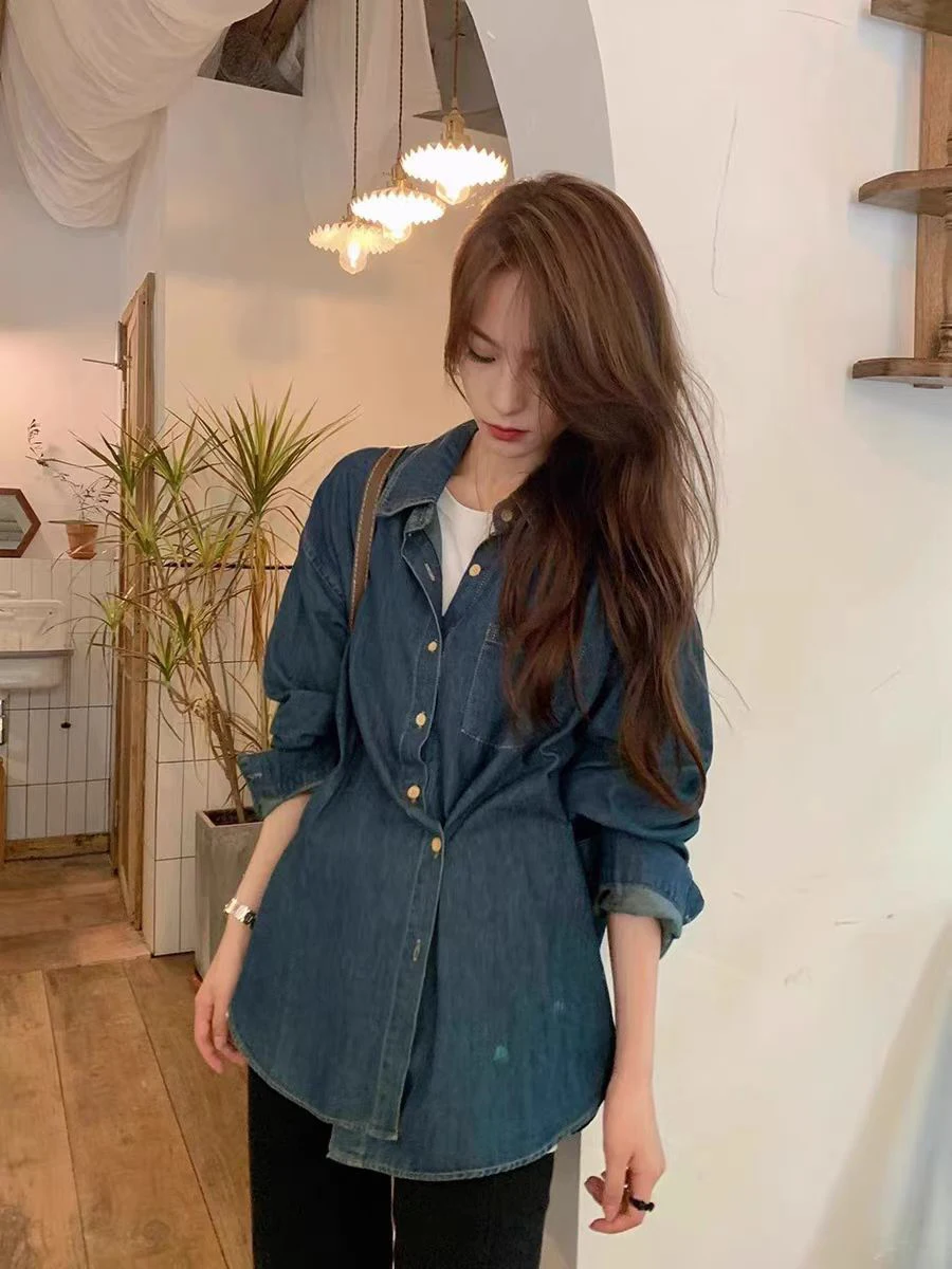 

Retro Simple Denim irt Women's Early Autumn New Casual Faion Versatile Slimming Top Quali Crtsmanip Chinese Manufac...