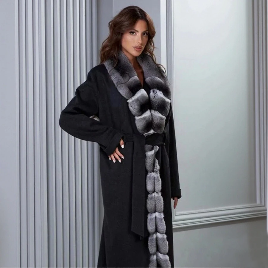 

Winter Jacket Women Chinchilla Real Rex Rabbit Fur Cashmere Wool Coats For Women Warm Winter Best Seller