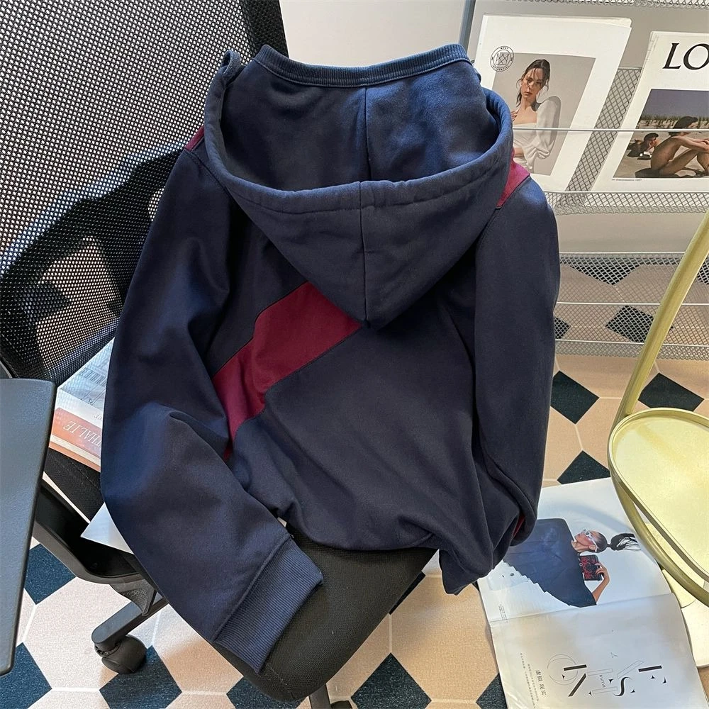Unisex Retro Colorblock Zipper Hooded Jacket Spring Fall High End Casual Sweatshirt Coat
