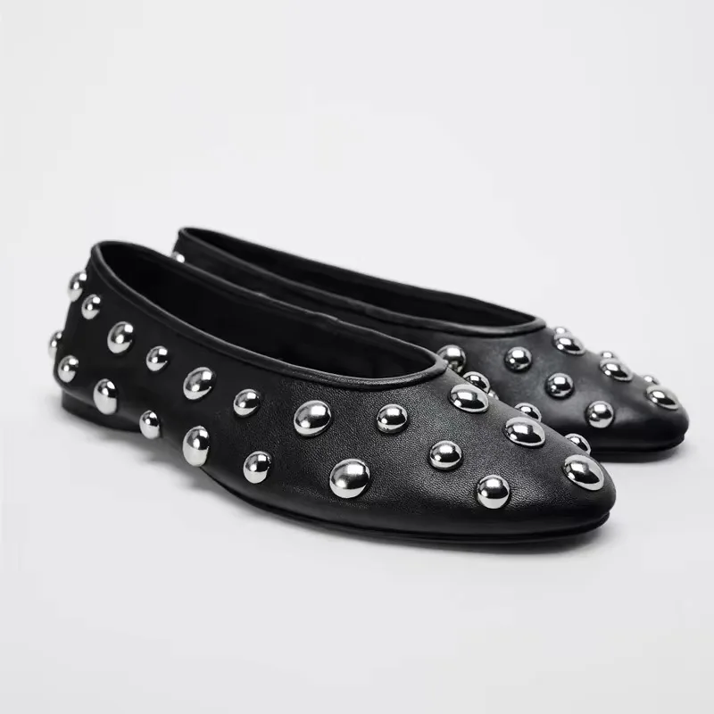 Women Flats New Rivet Round Head Flat Women Loafers Shoes Luxury Black Ballet Silver Ball Metal Hollow Mary Jane Shoes for Women