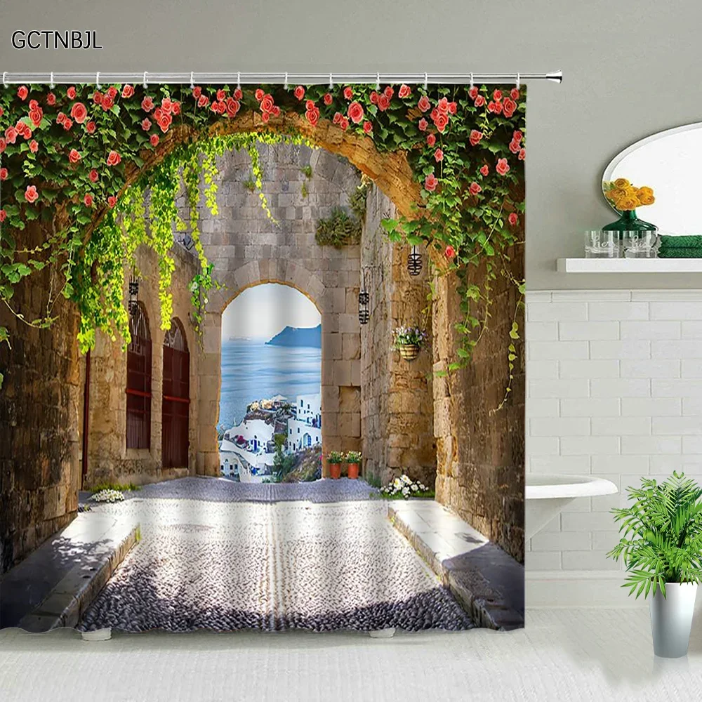 3D Nordic Italy Street Alley Shower Curtains Set Garden Flower Scenery Wall Hanging Bathroom Decoration Screen Fabric With Hooks image 6