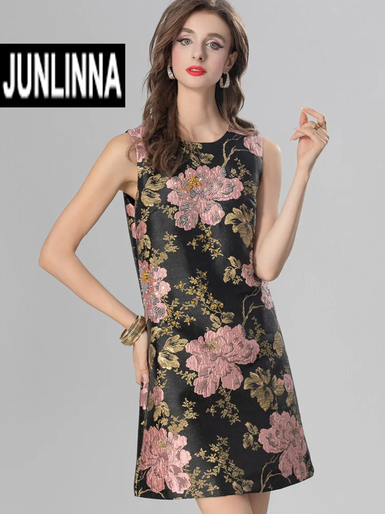 

JUNLINNA Summer Women Jacquard Dress O-Neck Sleeveless Tank Fashion Beading Sweet Vestidos Younger Casual Elegant