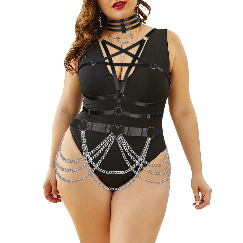 

Full Body Harness Busty Women Collar Bondage Plus Size Underwear Chain Cage Belt Erotic Fetish Stockings Sexy Garter Rave Outfit