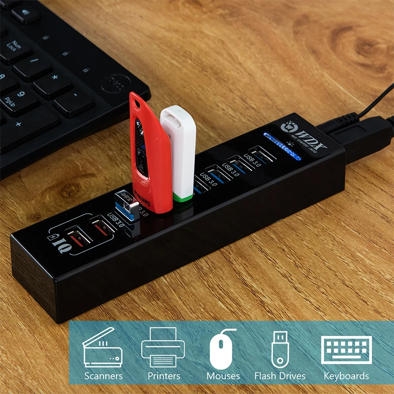 

9 USB-концентраторов, 9-портовый разветвитель USB 3.0 для клавиатуры, мыши, принтера, быстрая зарядка, USB-концентратор с блоком питания для ноутбука Macbook