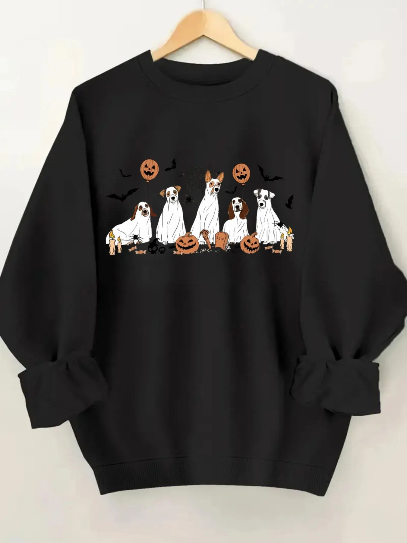 Women's Crewneck Pullover Sweatshirt Halloween Dog Print Design, Soft Casual Long Sleeve, Daily Casual Top Outfit, Winter Women's Clothing, Halloween Costume Outfit