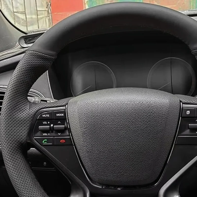 اليد الخياطة سيارة الداخلية غطاء عجلة القيادة تقليم لينة غطاء جلدي مثقب لشركة هيونداي سوناتا 9 2015 2016 2017 (4 تحدث)