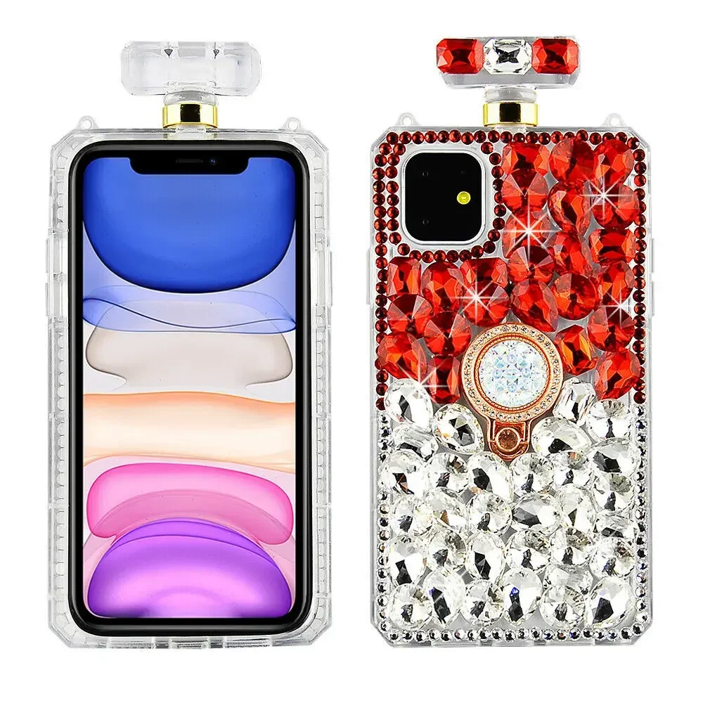 

Capa Rhinestone Perfume Bottle Case for iPhone 16Plus 15Pro 14 12 13, Plus, 11Pro, MAX, Ring Bracket Cover, Luxury Bling