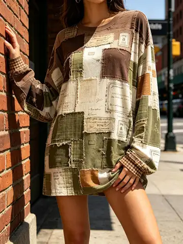 Women Crew Neck Long Sleeve Tunic Dress Vintage Faux Denim Patchwork Raw Edge Flat Print Oversized Loose Mini