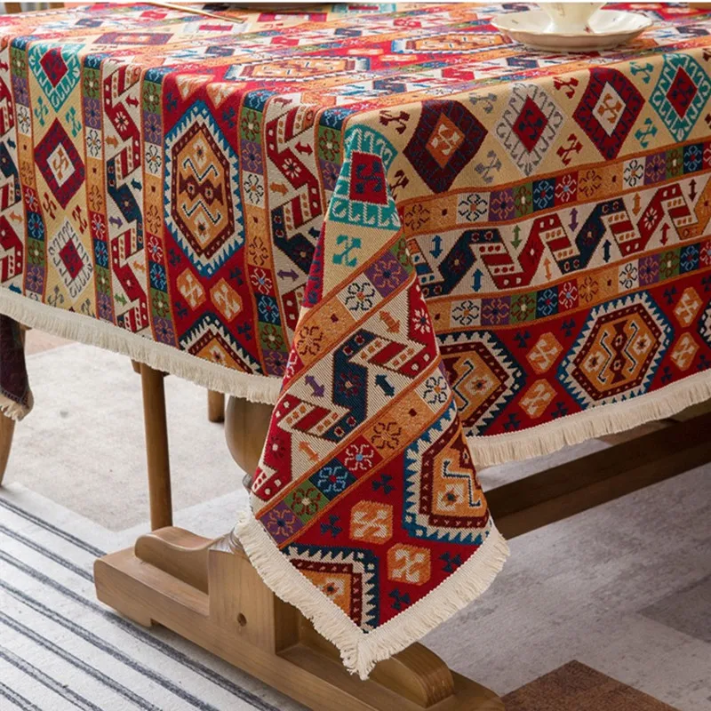 

Jacquard Tablecloth Retro Bohemian Fabric Tablemat Red Artistic Coffee Dining Tablecover Picnic Mat Kitchen Dresser Stall Cloth