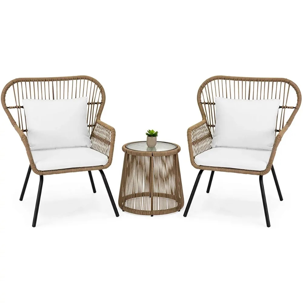 Patio Chair Set w/Glass Table Bistro Wicker Rattan,3pc,extra wide seat width and depth perfect for you body