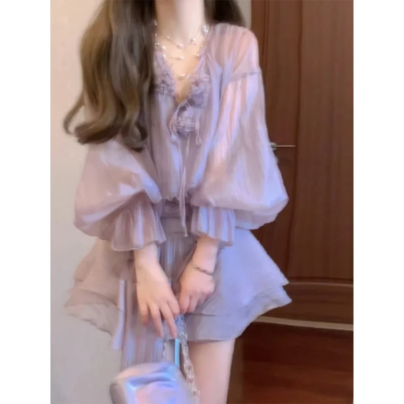 

Фиолетовый комплект с цветочным принтом: платье миди с длинными рукавами и жакет, женский модный наряд для весны и лета, дизайн с эффектом утончения талии