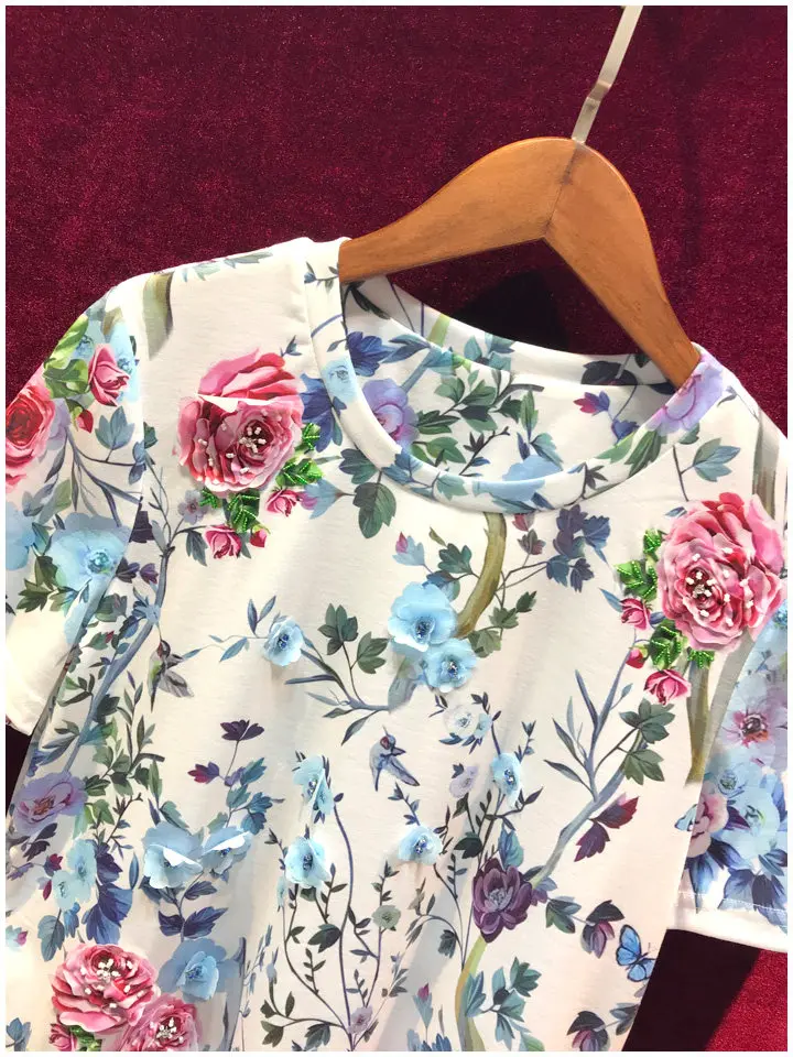 High Quality New Spring Summer Women Short Sleeve T-shirt Trendy Beading Floral Pullover Top All-match Casual Cotton Basic Tees